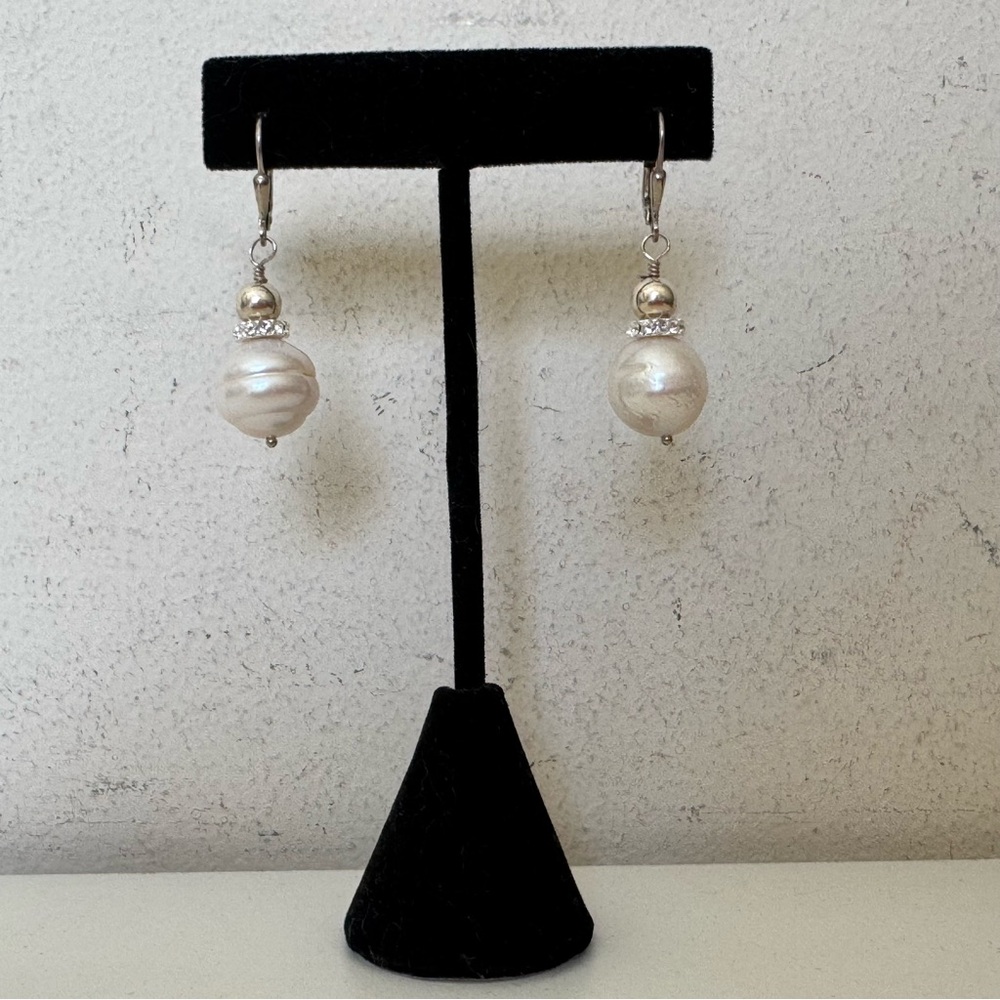 925 Sterling Silver Baroque Pearl Diamond Crystal Drop Earrings NEW - Picture 6 of 12